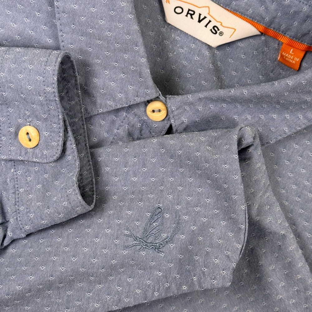 Orvis Womens Shirt Size Large Blue Dobby Dot Long Sleeve Button Down Fly Fishing